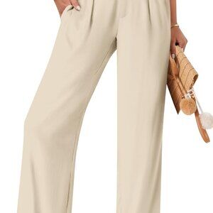 Womens Summer Linen Boho Wide Leg Casual Pants Palazzo Button High Waist Lounge